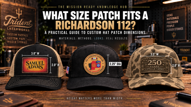 Three styles of Richardson 112 hats with varying patch sizes and the title “What Size Patch Fits a Richardson 112?”