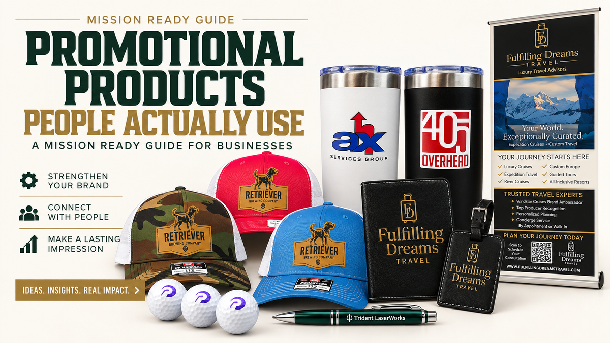 Promotional products people actually use including custom hats, branded drinkware, golf balls, travel accessories and business merchandise