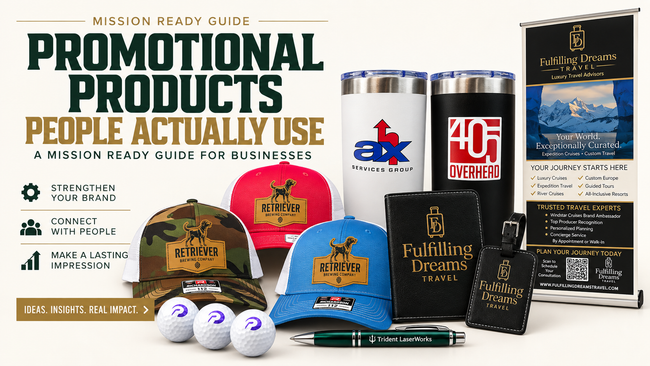Promotional products people actually use including custom hats, branded drinkware, golf balls, travel accessories and business merchandise