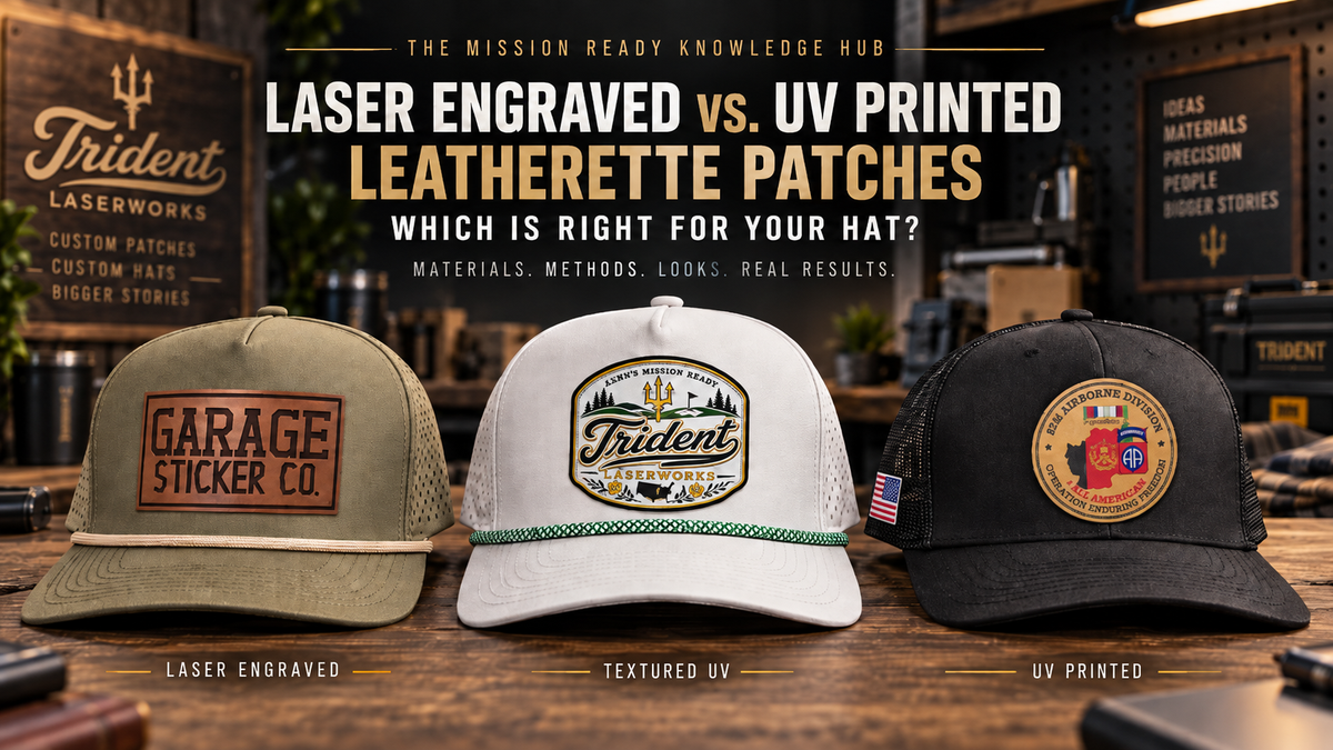 Three custom patch hats showcasing laser engraved leatherette, textured UV printing, and full-color UV printing by Trident LaserWorks.