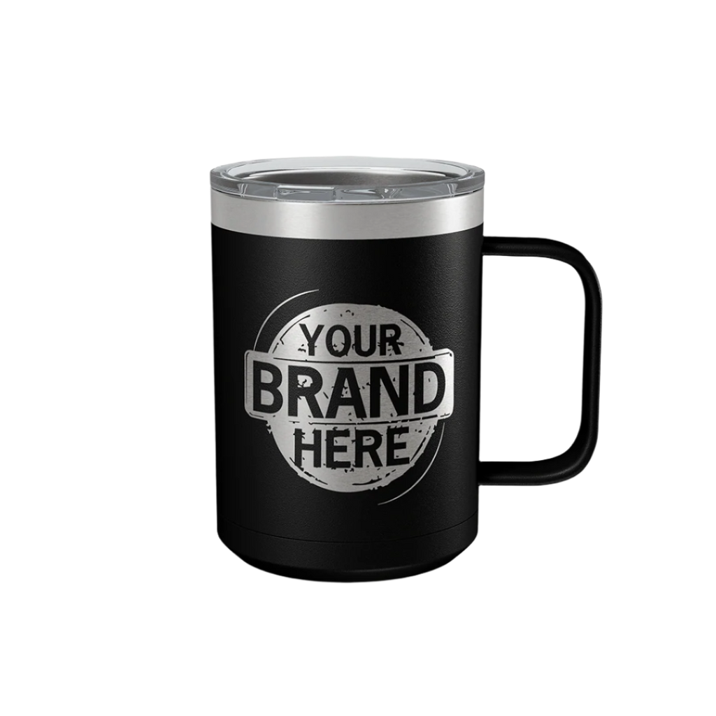 A black 15oz Polar Camel coffee mug with a custom brand logo laser engraved on the side.