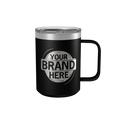 A black 15oz Polar Camel coffee mug with a custom brand logo laser engraved on the side.