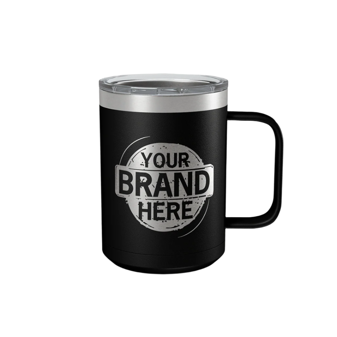 A black 15oz Polar Camel coffee mug with a custom brand logo laser engraved on the side.