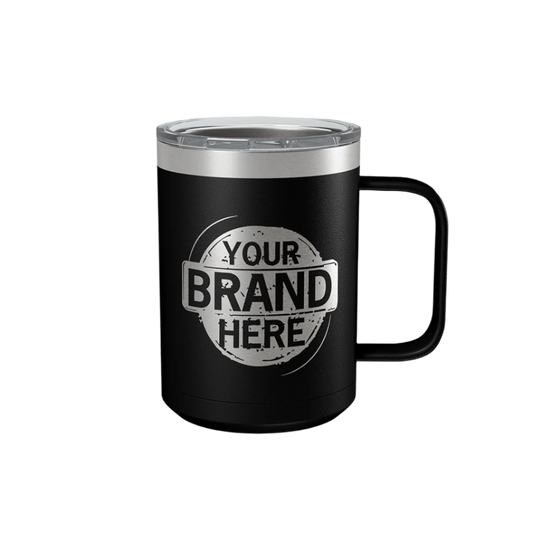 A black 15oz Polar Camel coffee mug with a custom brand logo laser engraved on the side.