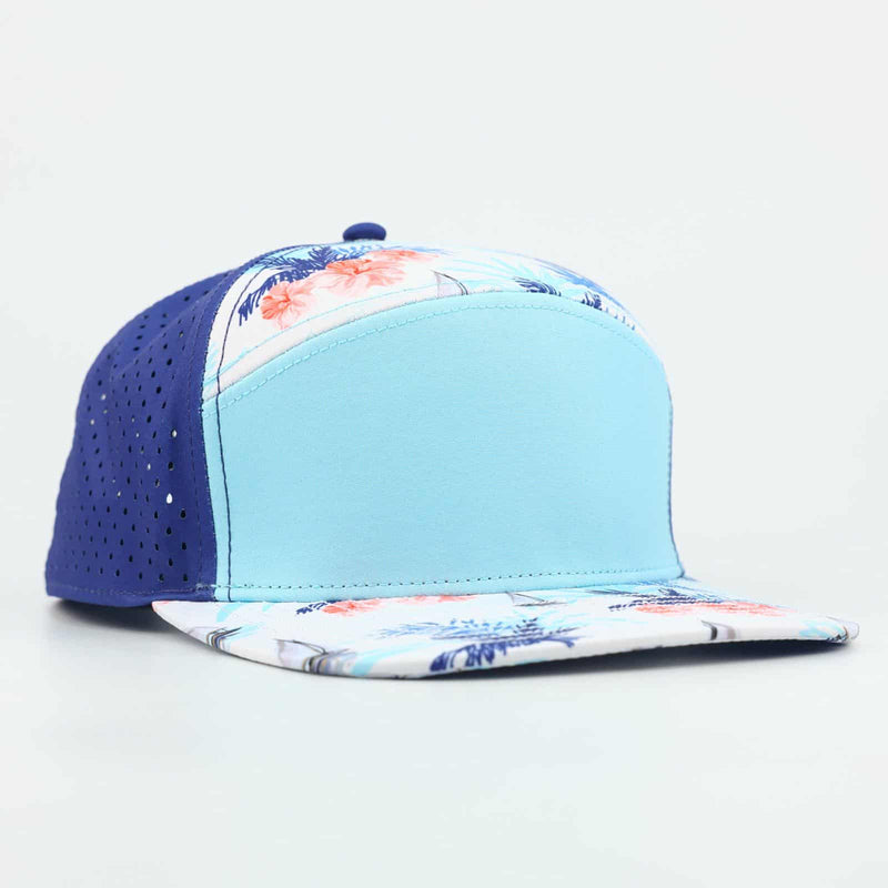 baby blue front with palms and navy blue back