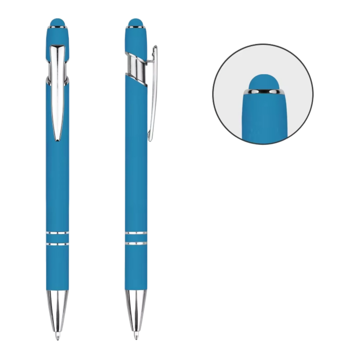 Azure soft touch stylus pens with silver trim