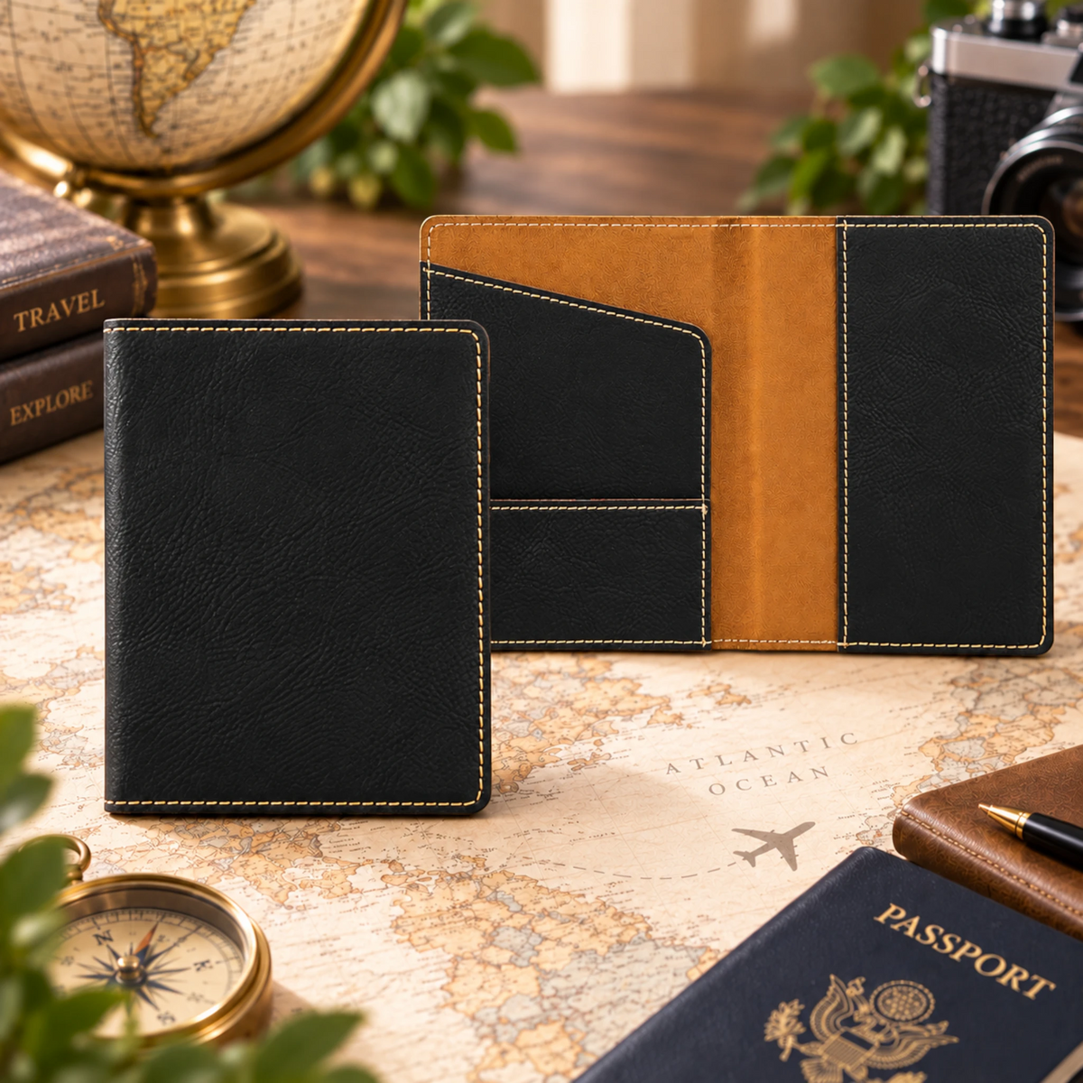 Custom laser engraved leatherette passport holder in Black/Gold