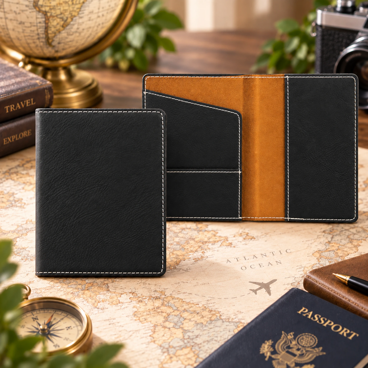 Custom laser engraved leatherette passport holder in Black/Silver