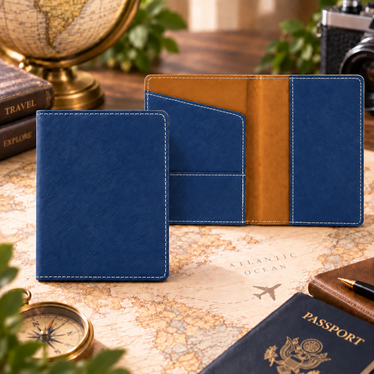 Custom laser engraved leatherette passport holder in Blue/Silver