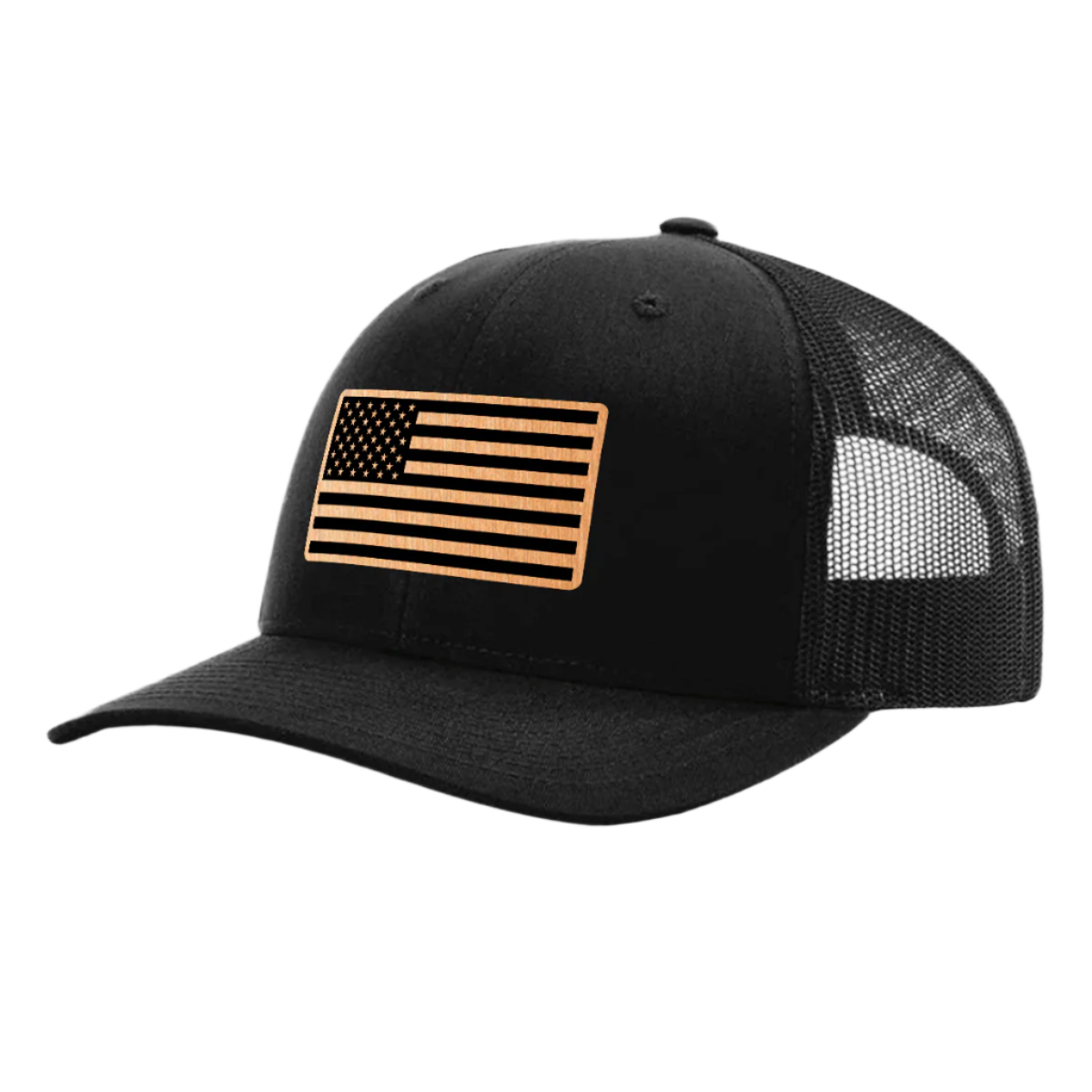 A black trucker hat with a brushed copper acrylic patch on the front featuring an American flag design with black accents.
