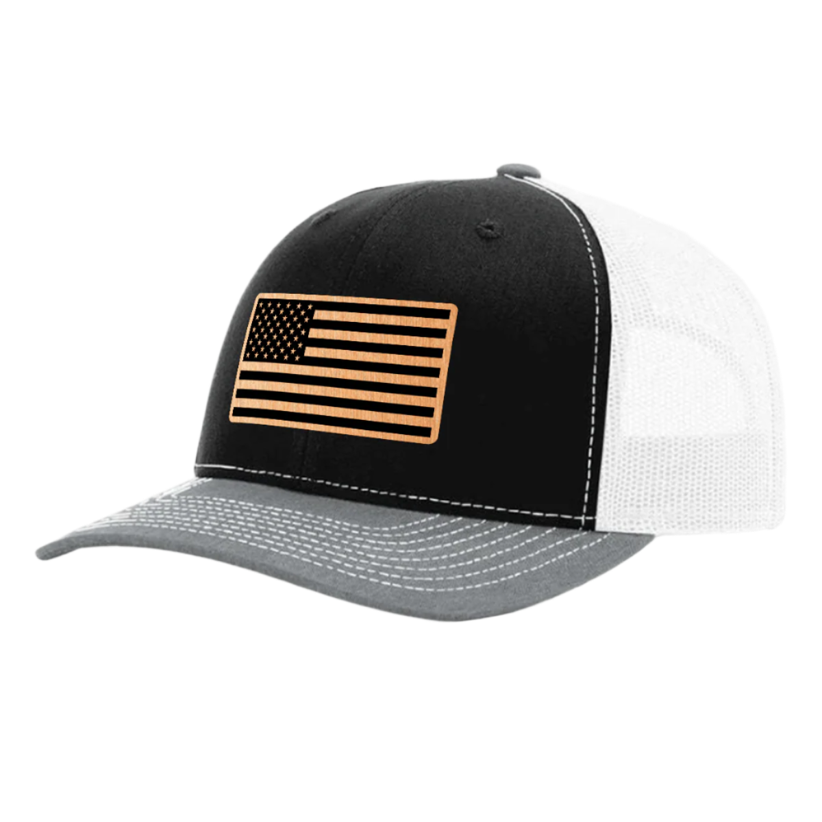 A heather gray, black, and white trucker hat with a brushed copper acrylic patch on the front featuring an American flag design with black accents.