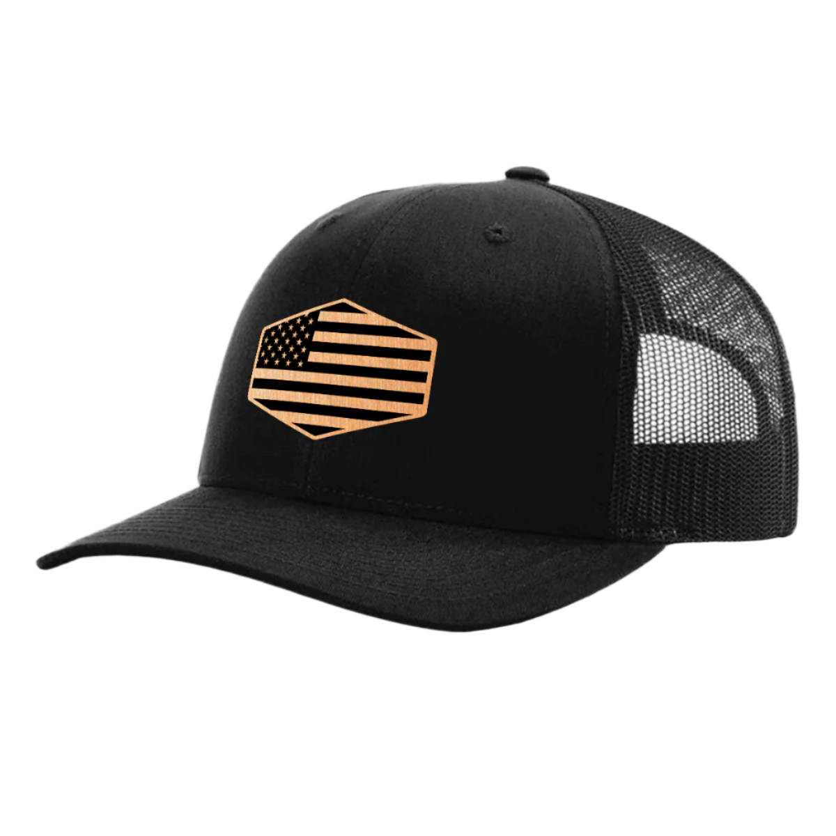 A black trucker hat with a brushed copper acrylic patch on the front featuring an American flag design with black accents.