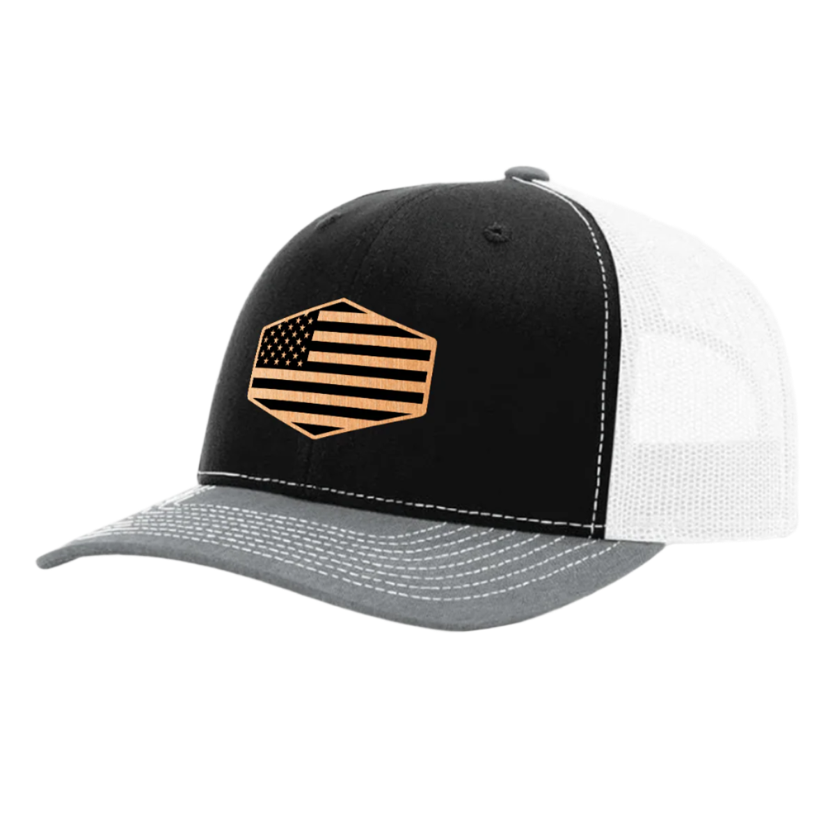A heather gray, black, and white trucker hat with a brushed copper acrylic patch on the front featuring an American flag design with black accents.