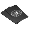 A stack of black aluminum business cards with a single-sided laser engraved design featuring an emblem or logo.