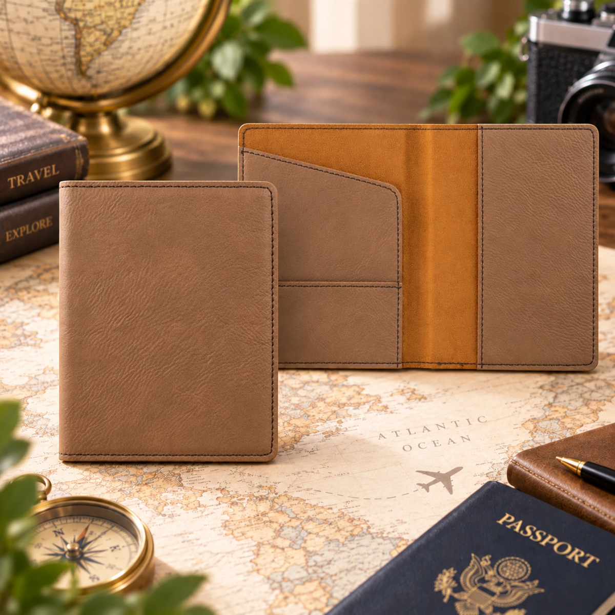 Custom laser engraved leatherette passport holder in Dark Brown