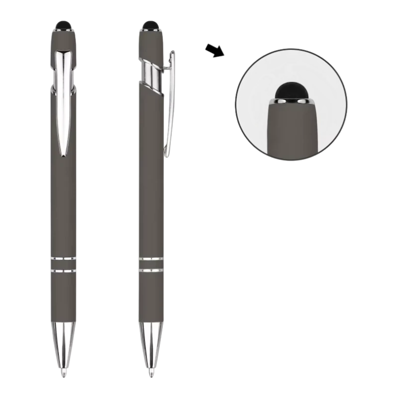 Gray soft touch stylus pens with silver trim