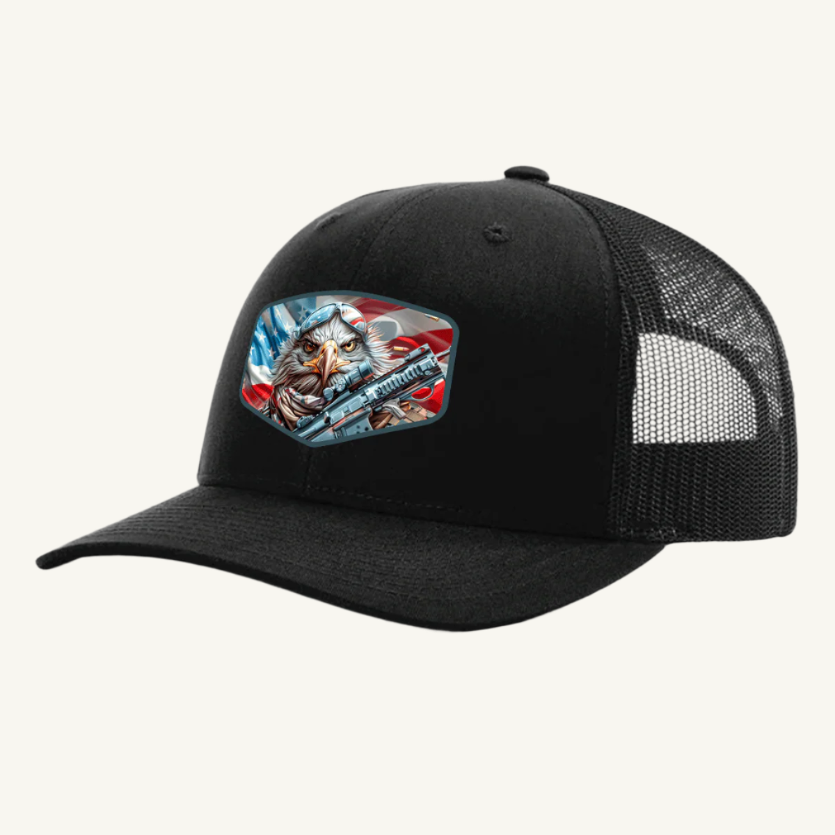 A black mesh back hat with a leatherette patch featuring an eagle and stripes, reminiscent of the American flag.