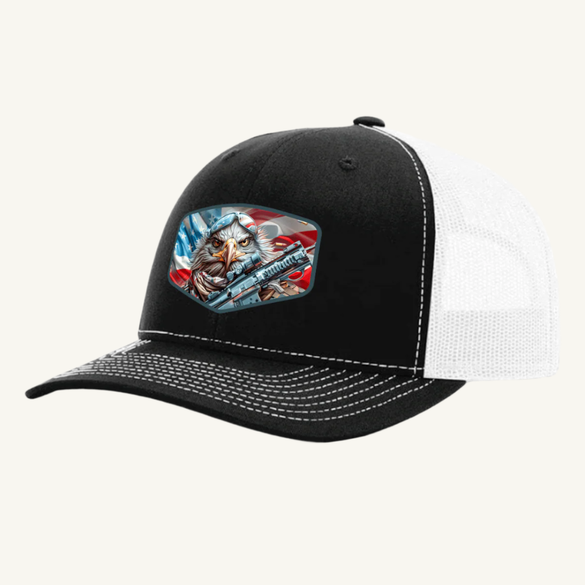 A black and white mesh back hat with a leatherette patch featuring an eagle and stripes, reminiscent of the American flag.