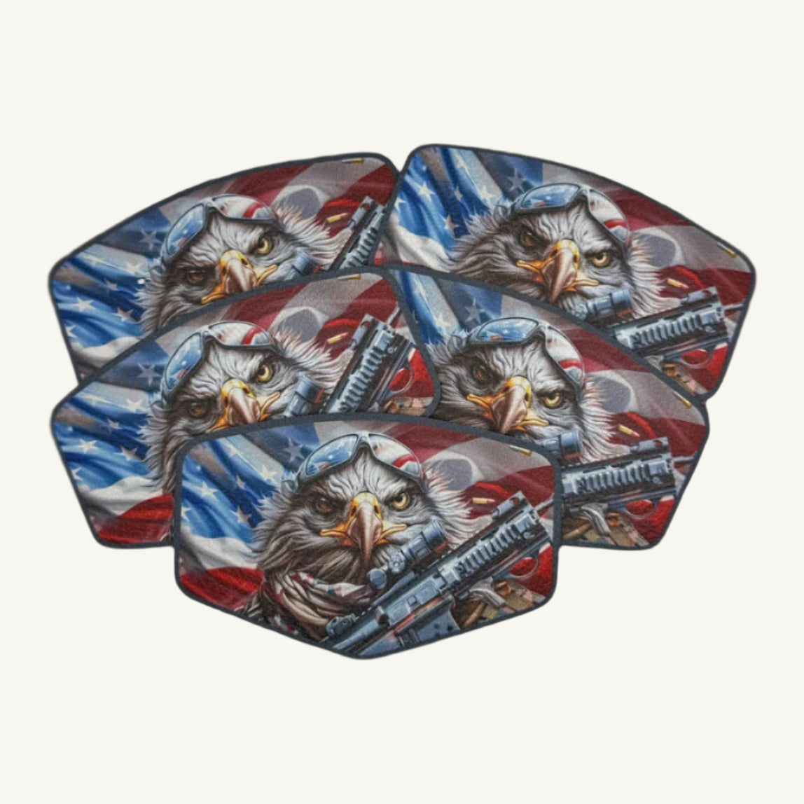 A collection of UV printed leatherette patches with patriotic and 2A designs, featuring an eagle and American flag.