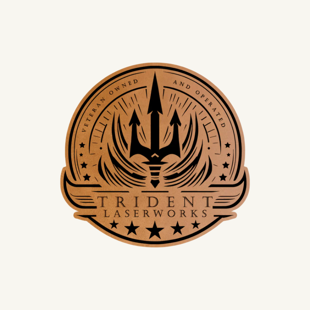 A brown leatherette patch with a custom engraved logo that includes a trident and stars, arranged in a circular design.