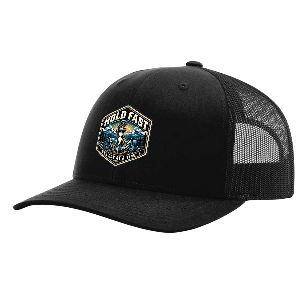 Black Richardson 112 trucker hat with Hold Fast One Day at a Time anchor and semicolon mental health awareness patch