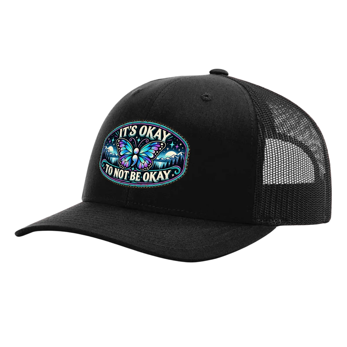 Black Richardson 112 trucker hat with It's Okay to Not Be Okay semicolon butterfly mental health awareness patch