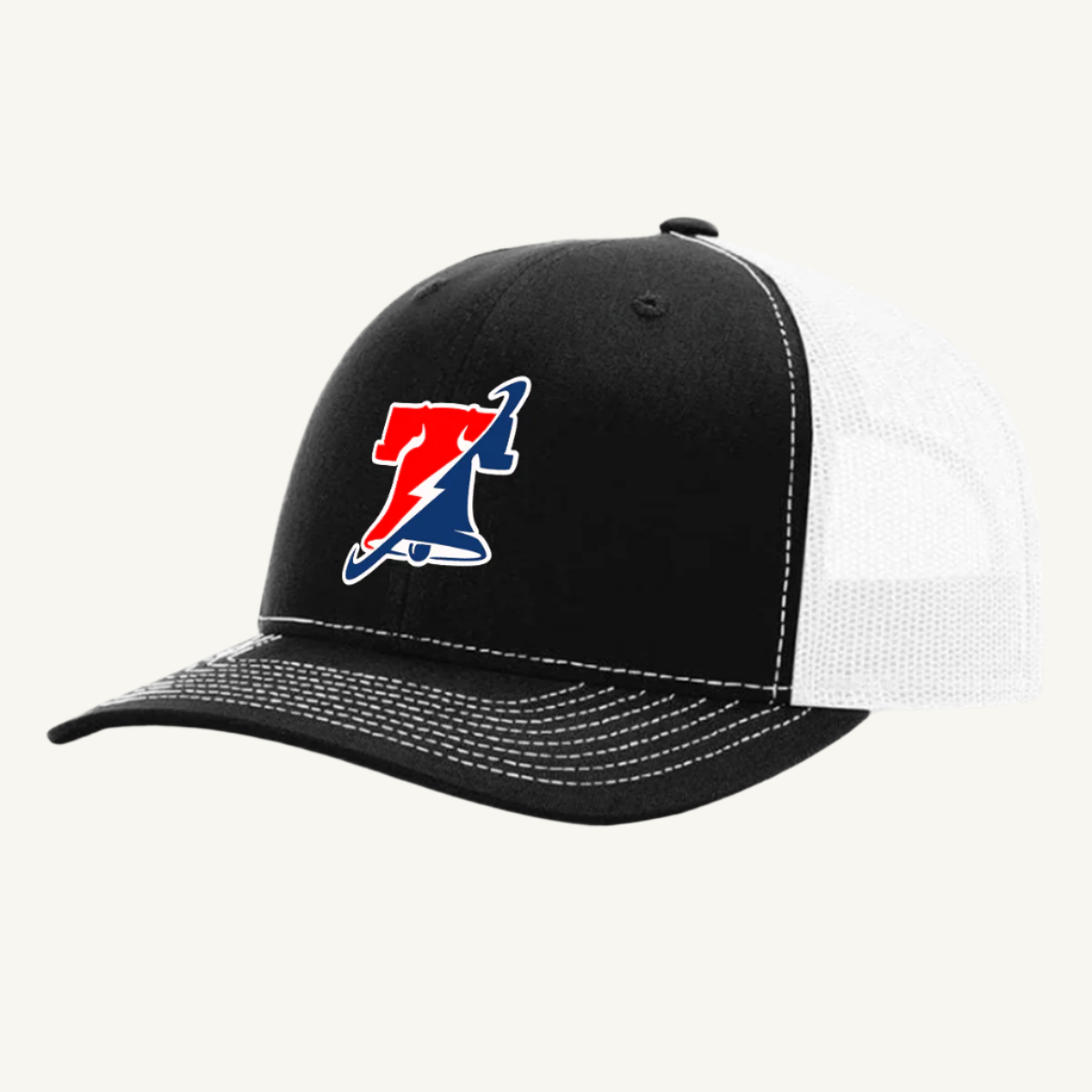 A black and white trucker hat with a red, white, and blue liberty bell design on the front.