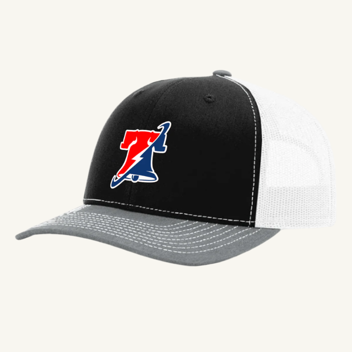 A heather gray, black, and white trucker hat with a red, white, and blue liberty bell design on the front.