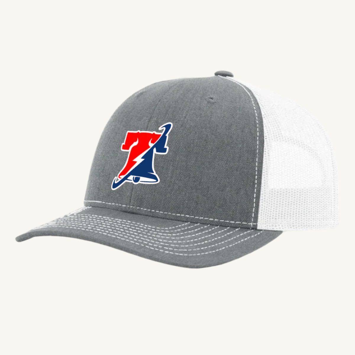 A heather gray and white trucker hat with a red, white, and blue liberty bell design on the front.