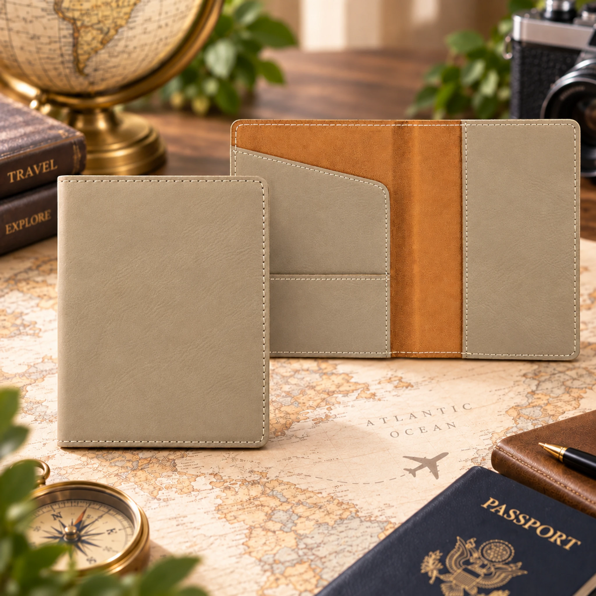 Custom laser engraved leatherette passport holder in Light Brown