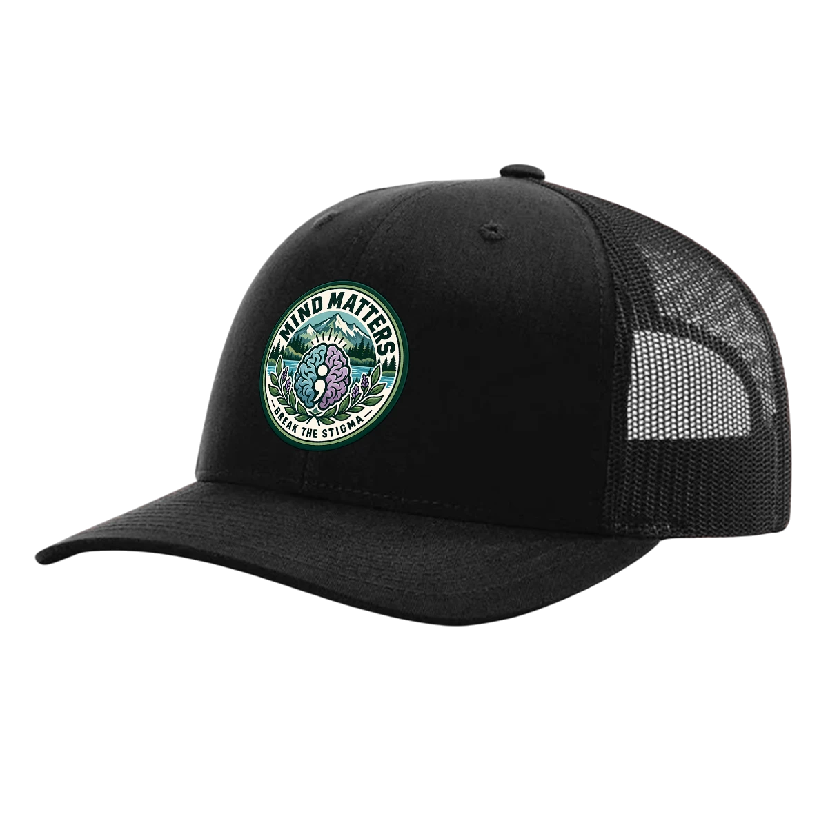 Black Richardson 112 trucker hat with Mind Matters Break the Stigma semicolon mental health awareness patch
