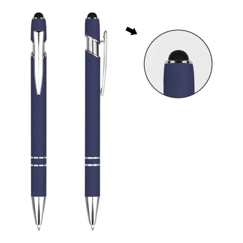Navy Blue soft touch stylus pens with silver trim