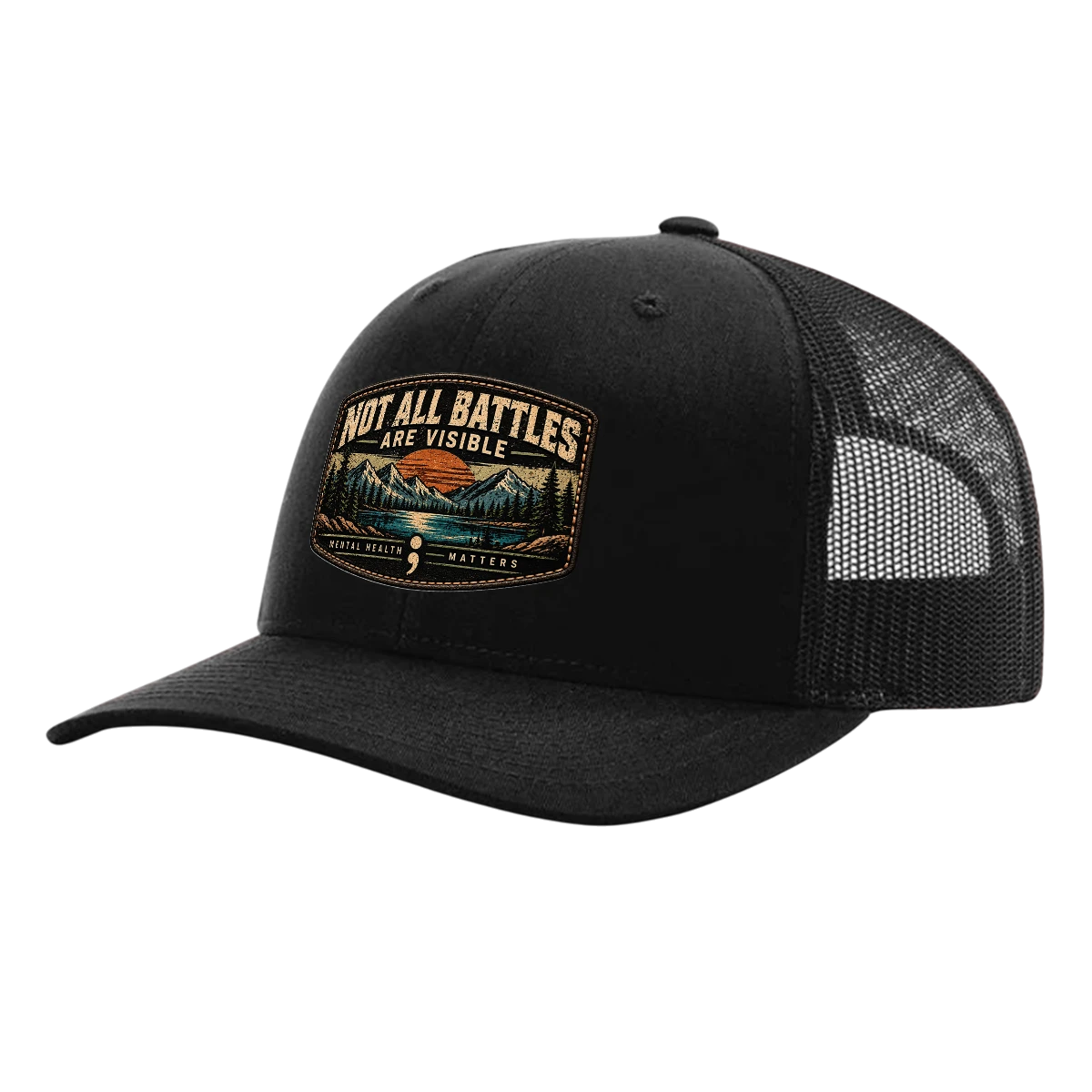 Black Richardson 112 trucker hat with Not All Battles Are Visible semicolon mental health awareness patch
