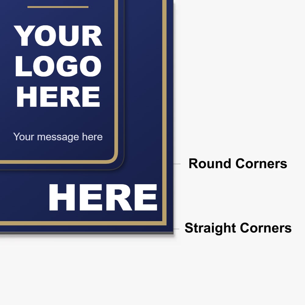 Aluminum sign corner options shown on navy and gold signs: 3/4 inch round corners and straight square-cut corners