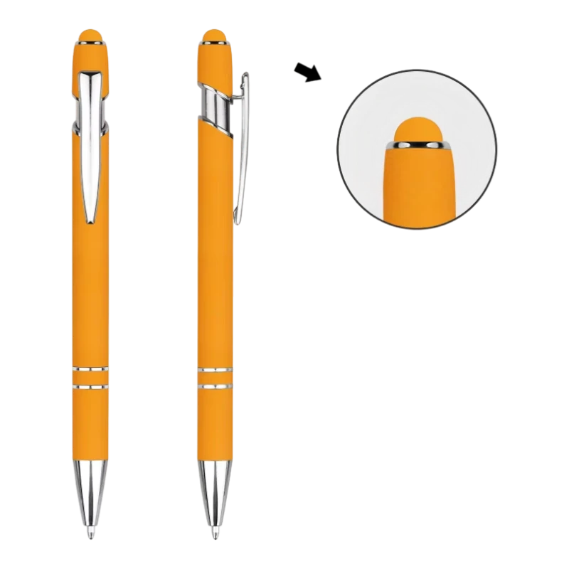 Orange soft touch stylus pens with silver trim