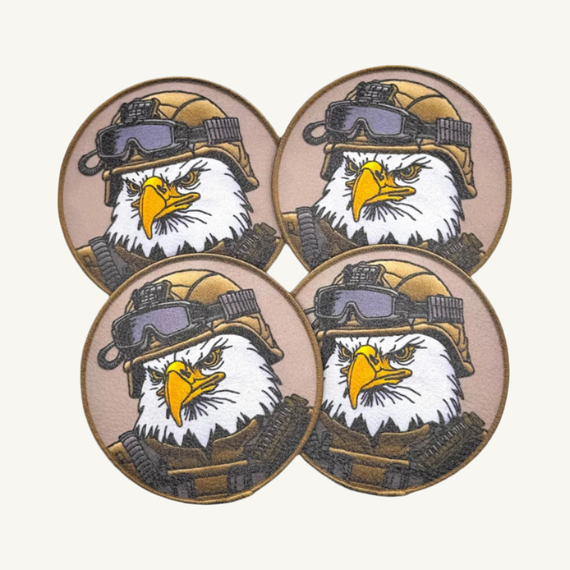 Multiple circular patches with a UV printed design of a bald eagle wearing a military helmet.