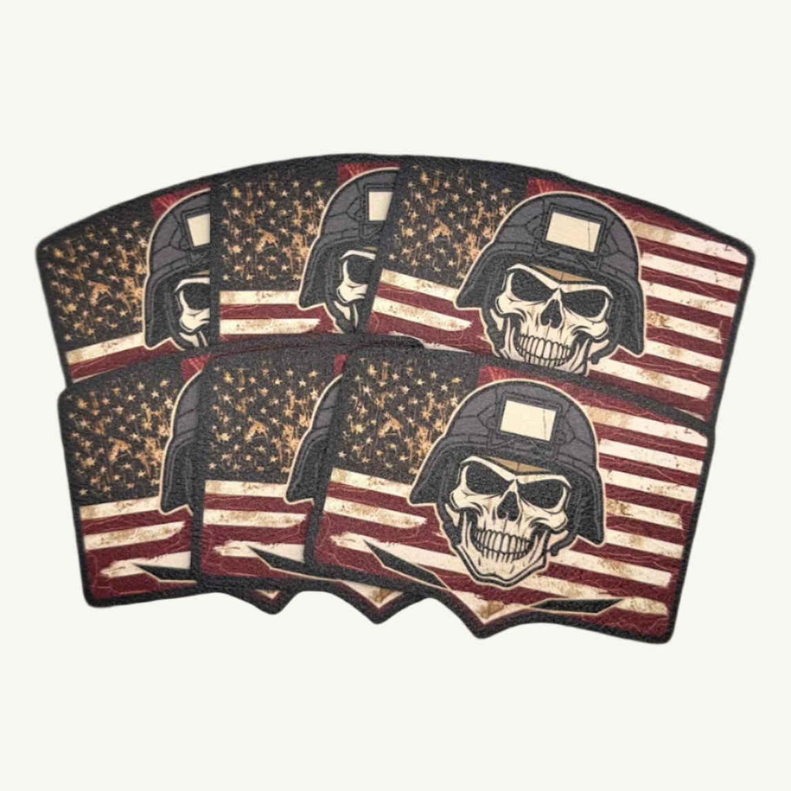 A set of leatherette patches with skull designs and flag patterns.