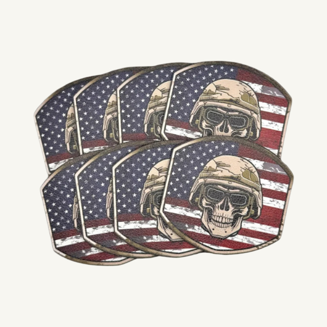 A set of leatherette patches with skull designs and flag patterns.