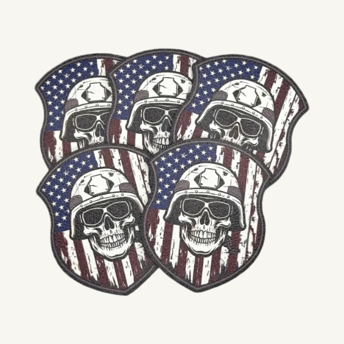A set of leatherette patches with skull designs and flag patterns.