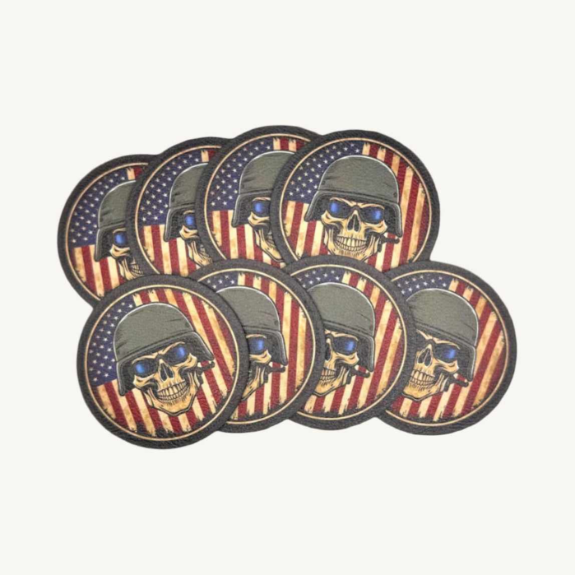 A set of leatherette patches with skull designs and flag patterns.