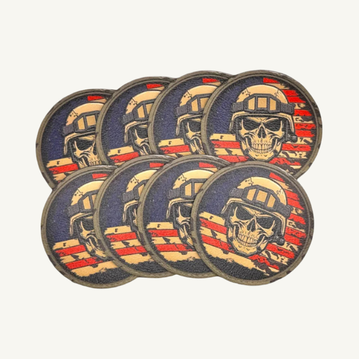 A set of leatherette patches with skull designs and flag patterns.