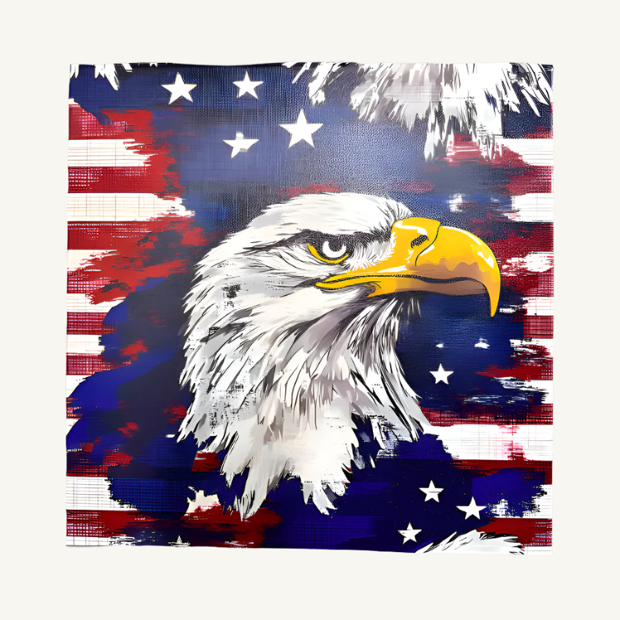 Canvas print with an American flag and a bald eagle on a textured gray background