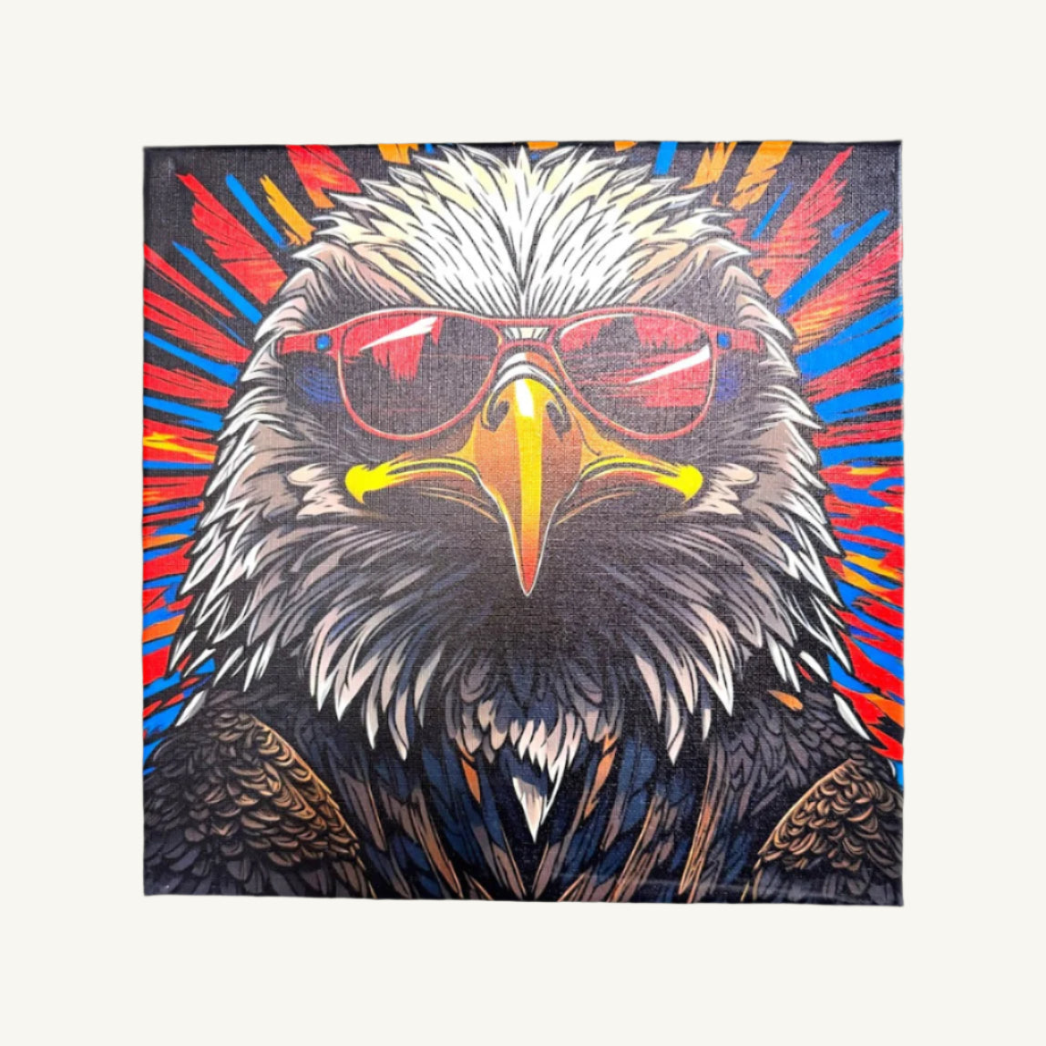 Colorful painting of an eagle wearing sunglasses.