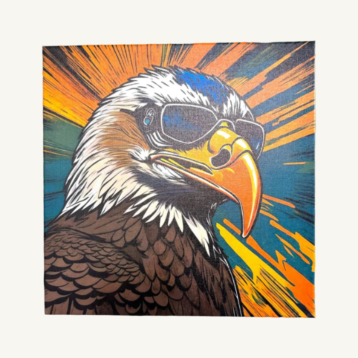 Colorful artwork of an eagle with sunglasses.