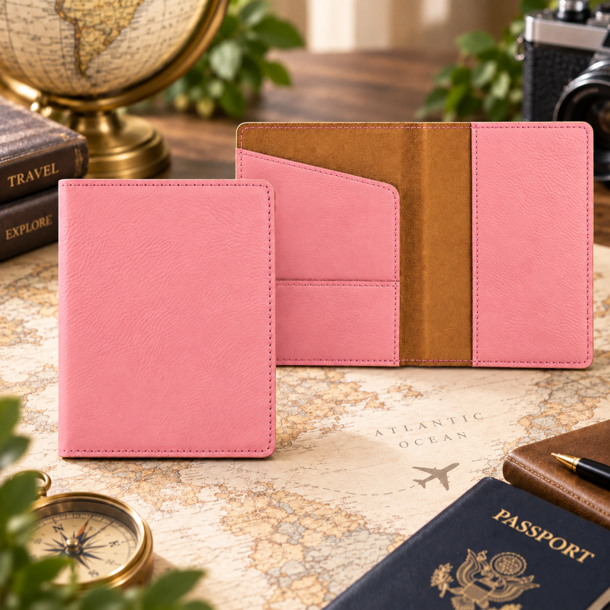 Custom laser engraved leatherette passport holder in Pink