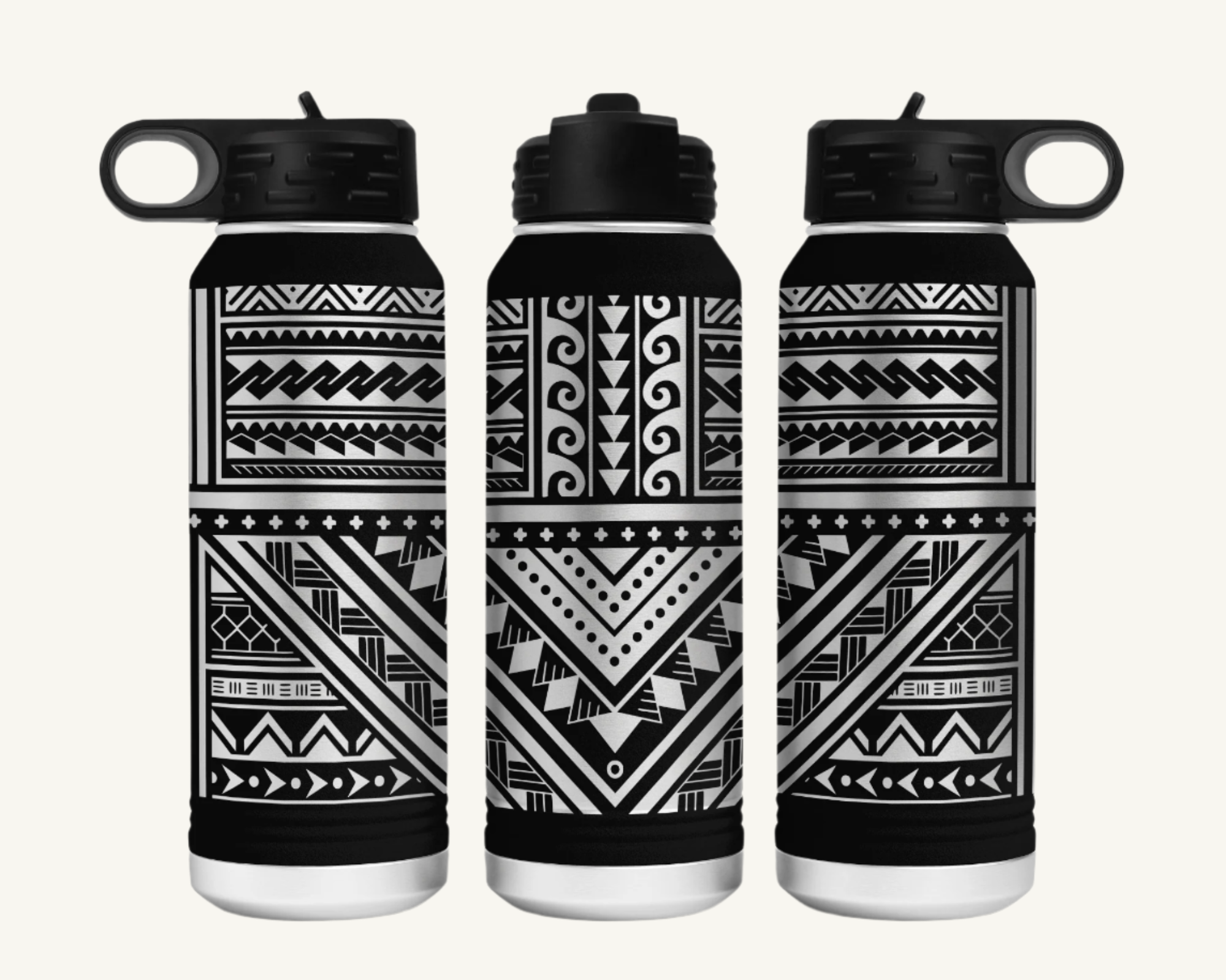 A 32oz polar camel water bottle with a full wrap Polynesian tribal design.