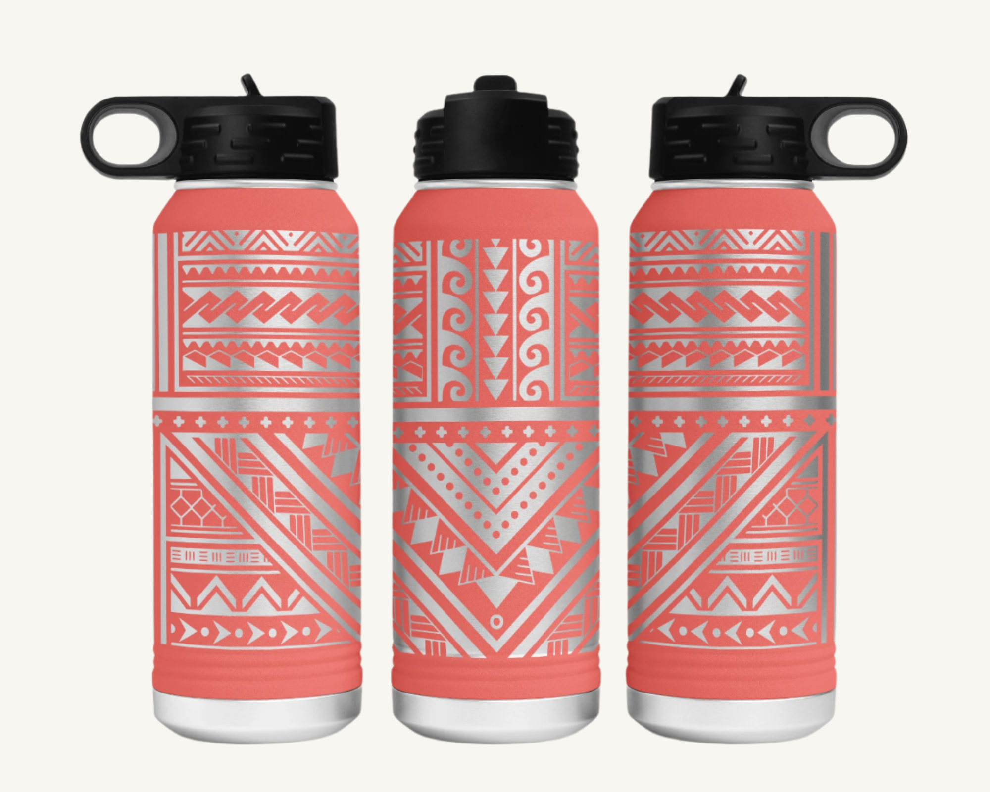 A 32oz polar camel water bottle with a full wrap Polynesian tribal design.