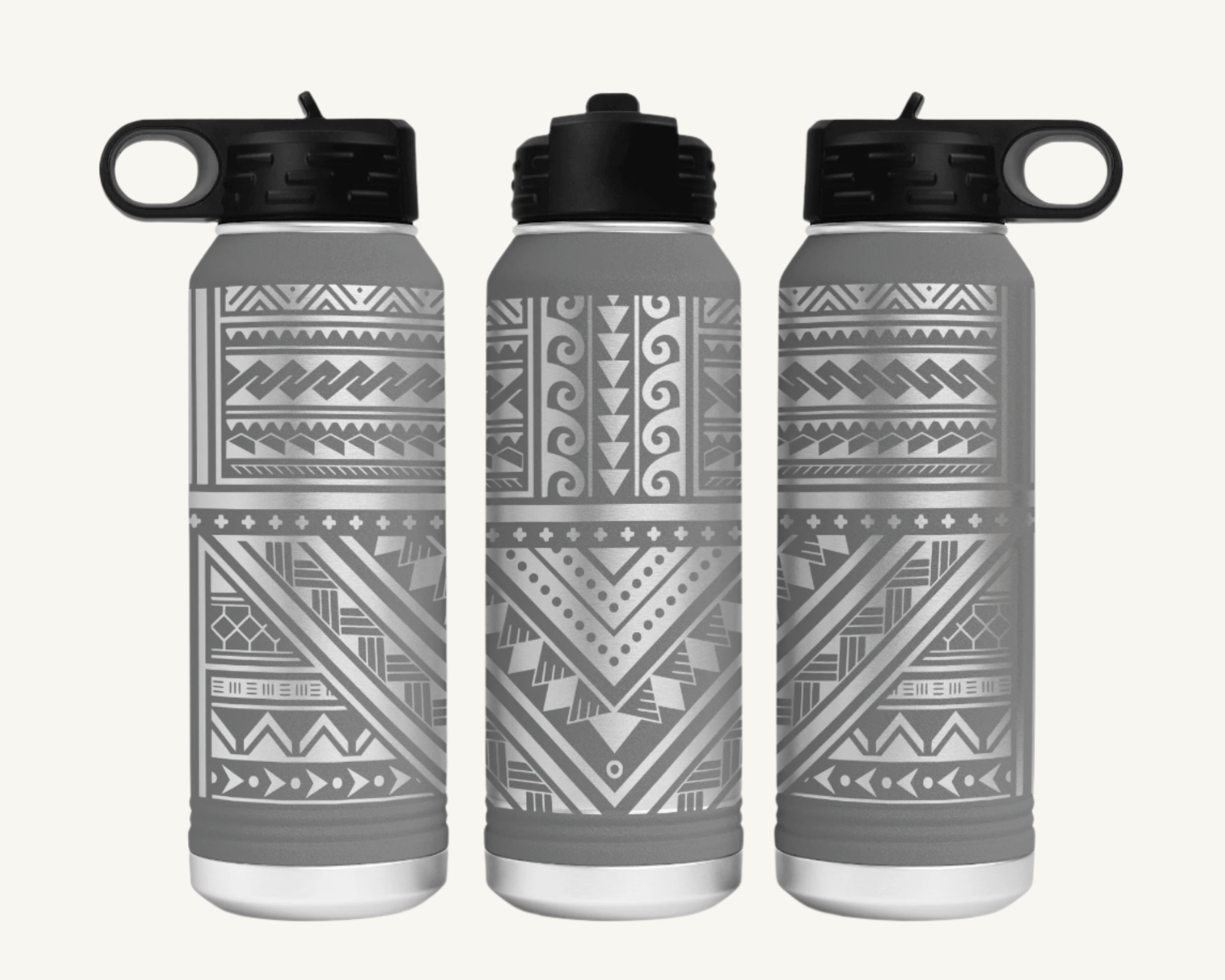 A 32oz polar camel water bottle with a full wrap Polynesian tribal design.