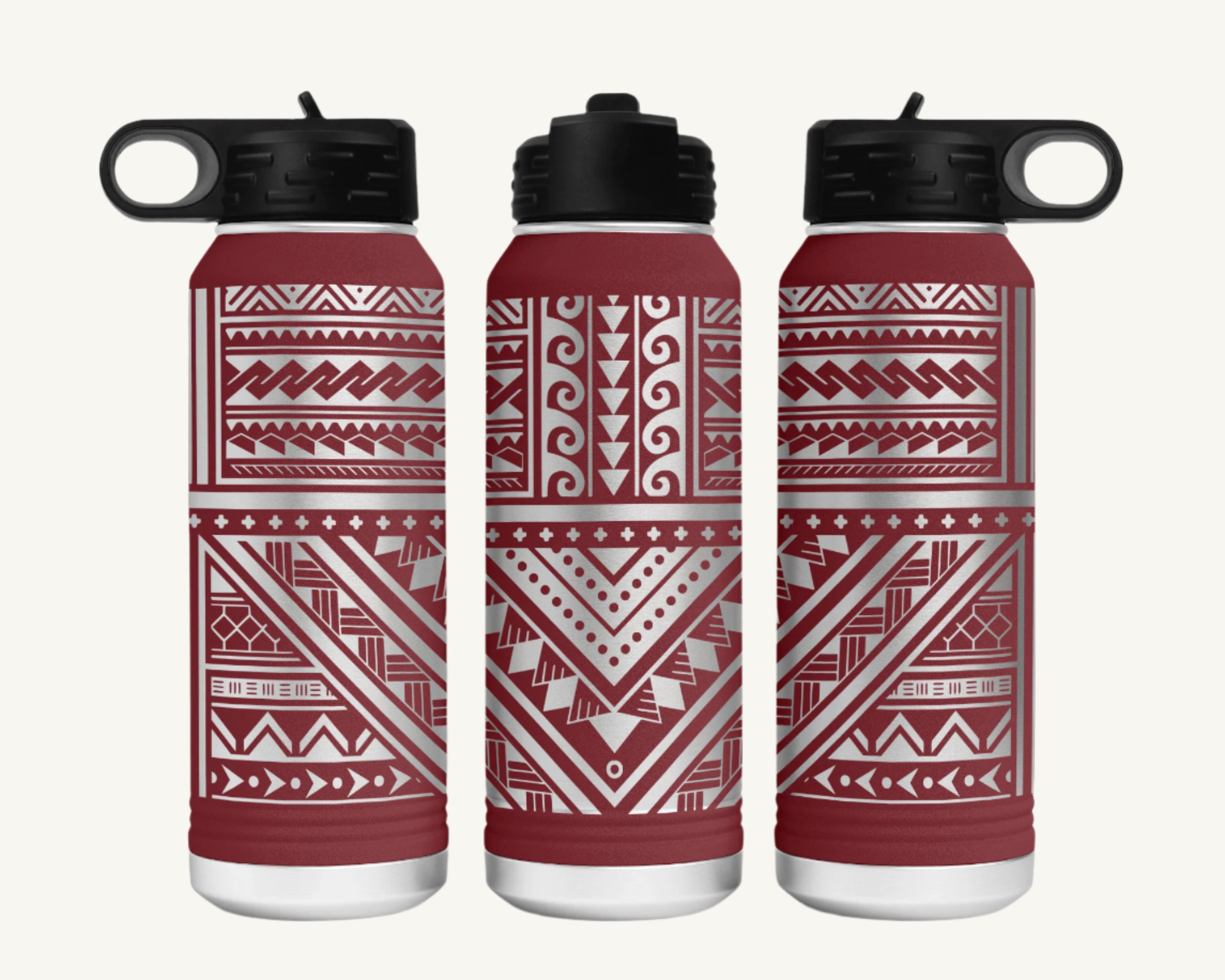 A 32oz polar camel water bottle with a full wrap Polynesian tribal design.
