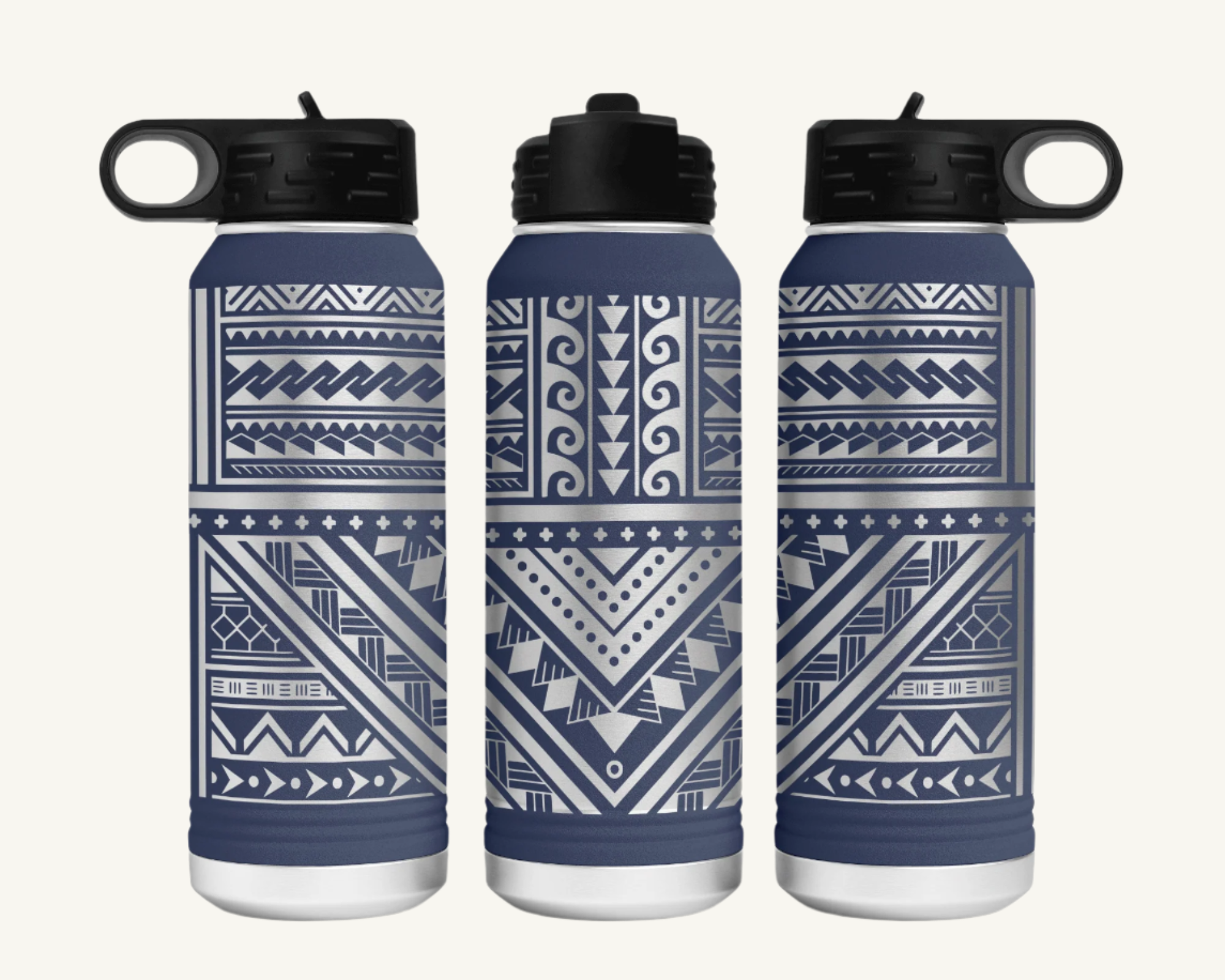 A 32oz polar camel water bottle with a full wrap Polynesian tribal design.